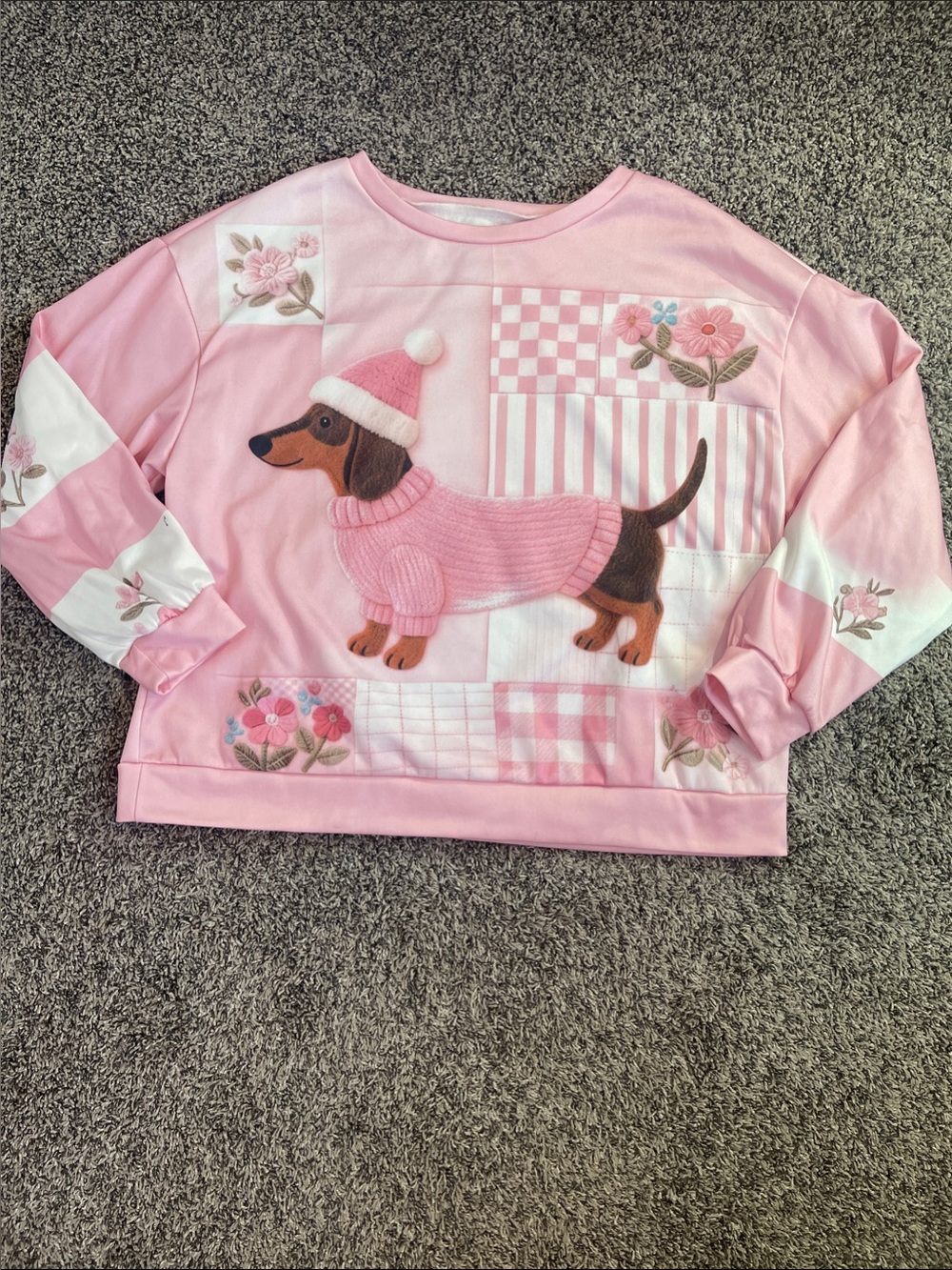 Womens 1X Pink Dachshund Patchwork Crewneck Sweatshirt plus size santa dog